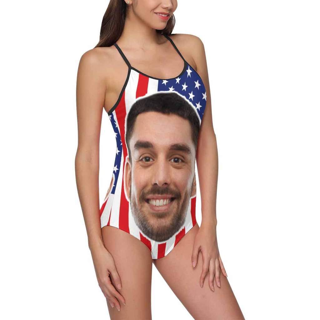 Custom Face Swimwear Women's Photo Slip One Piece Swimsuit - American Flag - Giftlab