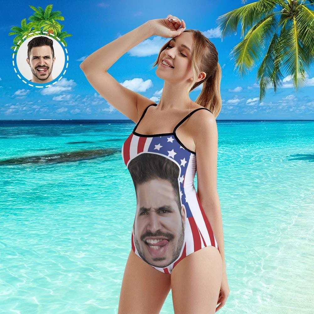 Custom Face Swimwear Women's Photo Slip One Piece Swimsuit - American Flag - Giftlab