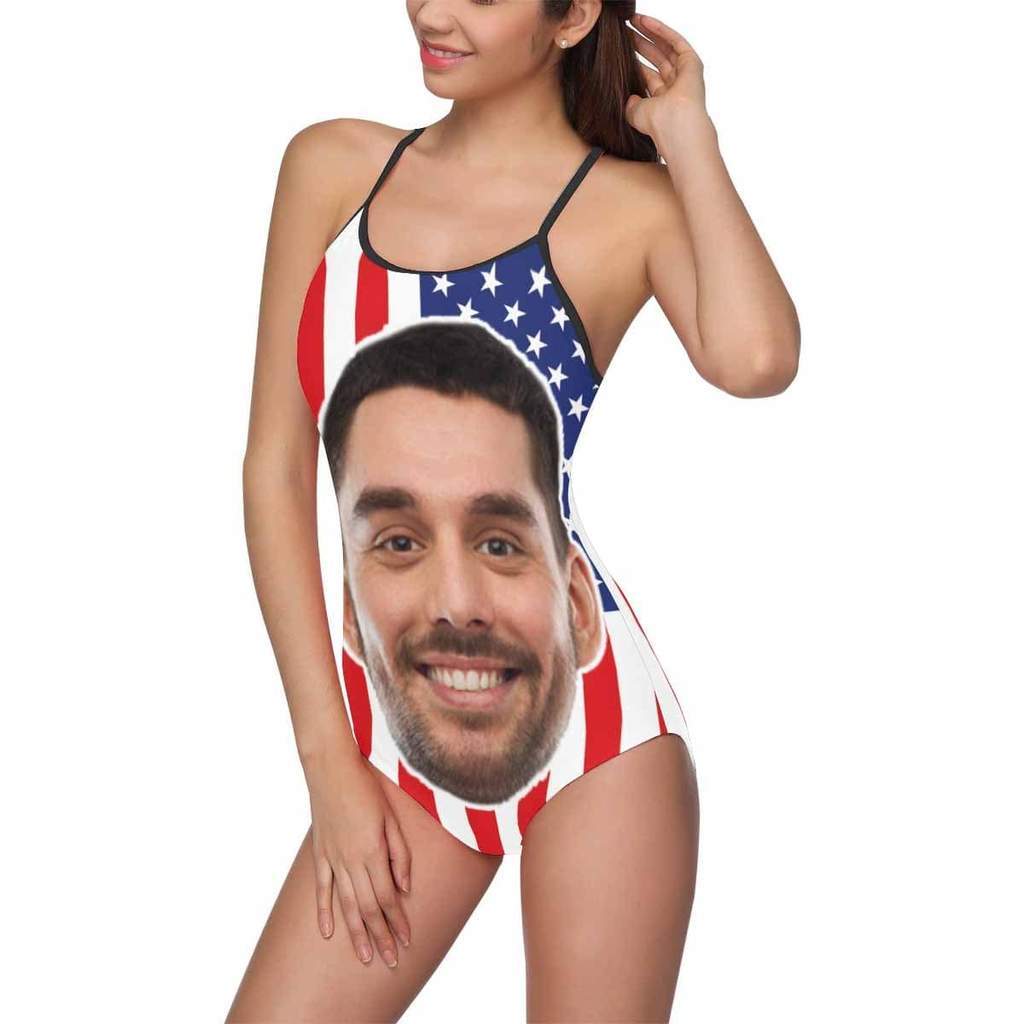 Custom Face Swimwear Women's Photo Slip One Piece Swimsuit - American Flag - Giftlab