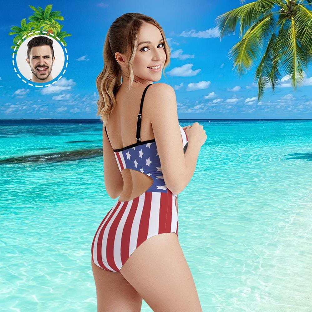 Custom Face Swimwear Women's Photo Slip One Piece Swimsuit - American Flag - Giftlab