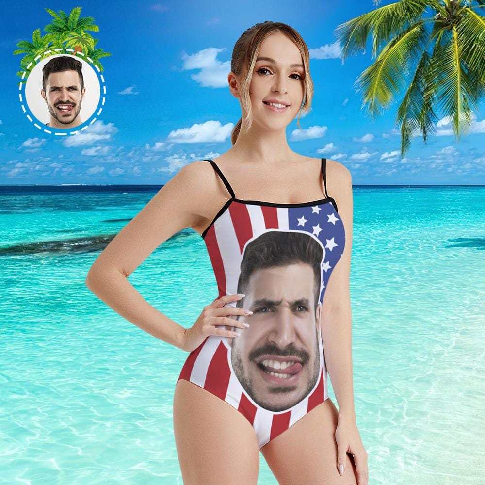 Custom Face Swimwear Women's Photo Slip One Piece Swimsuit - American Flag - Giftlab