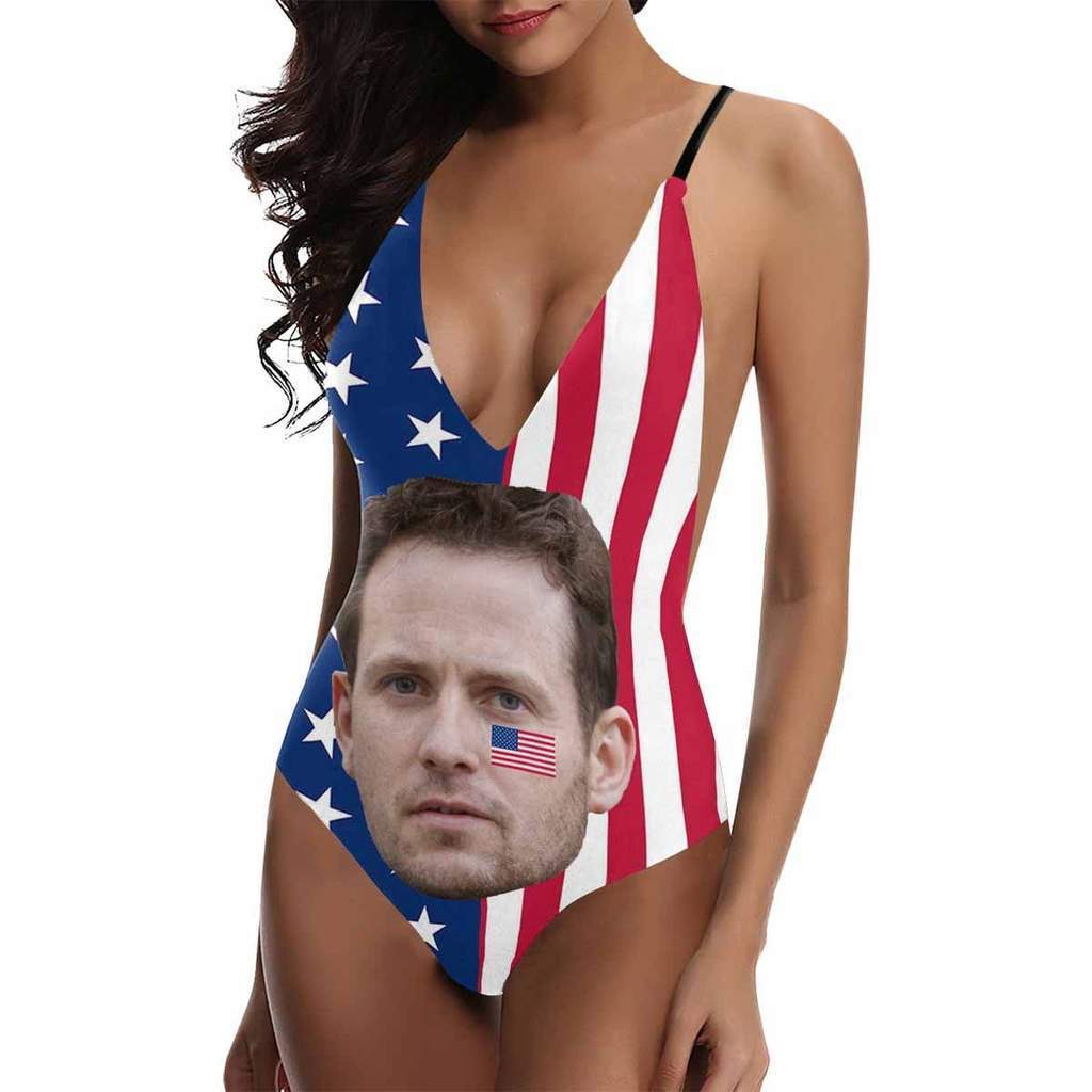 Custom Face USA Flag Bathingsuit Personalized 4th of July Swimwear Summer Gift For Girlfriend - Giftlab