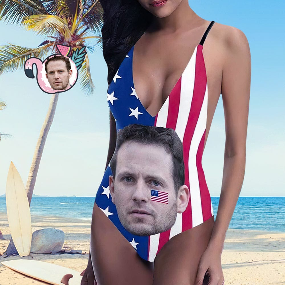 Custom Face USA Flag Bathingsuit Personalized 4th of July Swimwear Summer Gift For Girlfriend