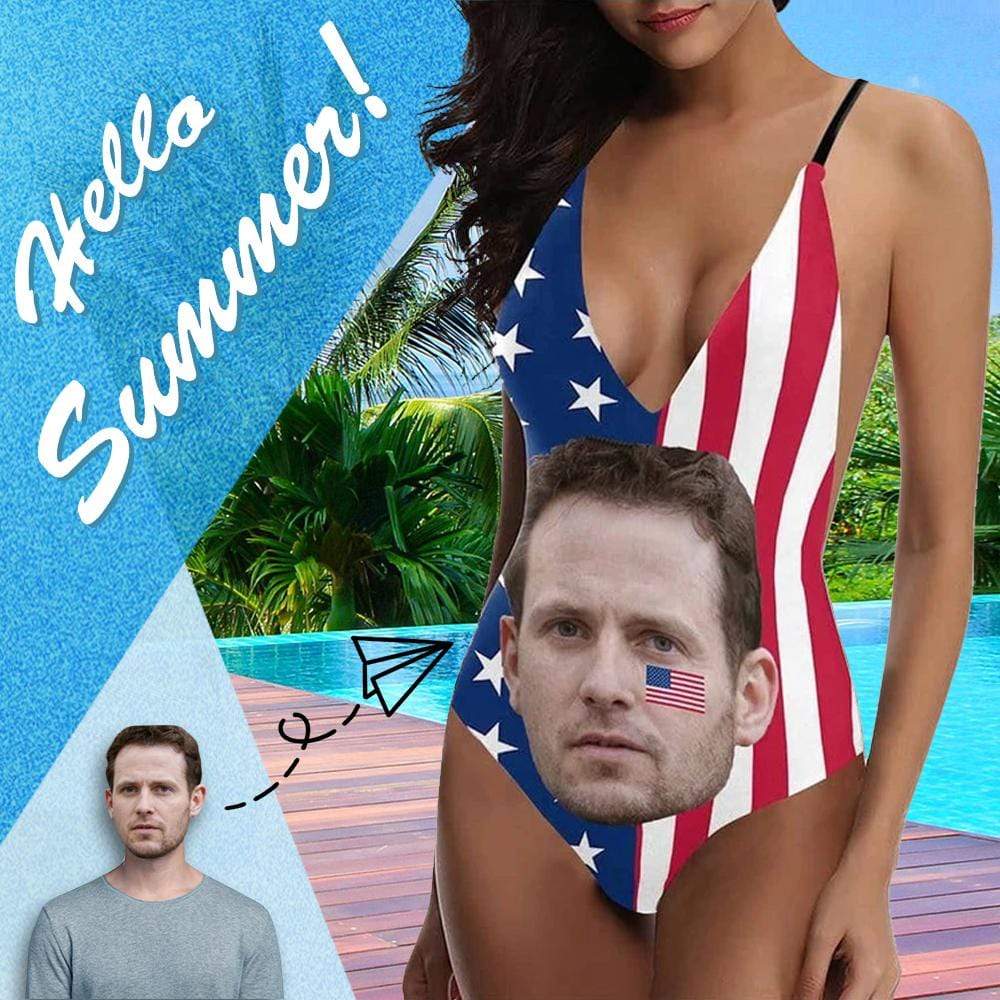 Custom Face USA Flag Bathingsuit Personalized 4th of July Swimwear Summer Gift For Girlfriend