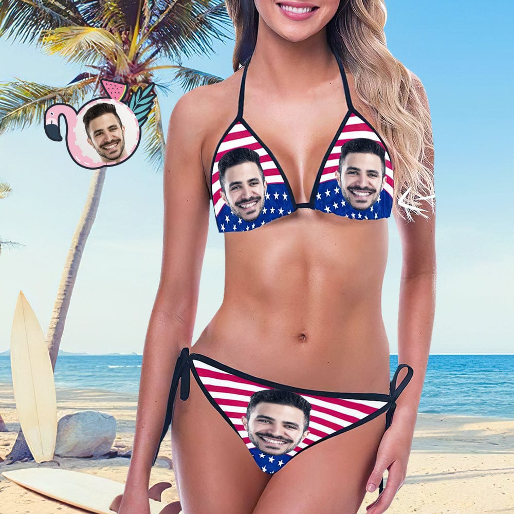 Custom Face American Flag Bikini Two Piece Swimsuit Personalized Bathing Suit Beach Pool Outfits