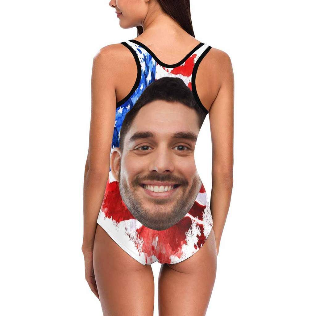 Custom Swimwear Boyfriend Face One Piece Bathing Suit Husband Face American Flag Swimsuit - Giftlab