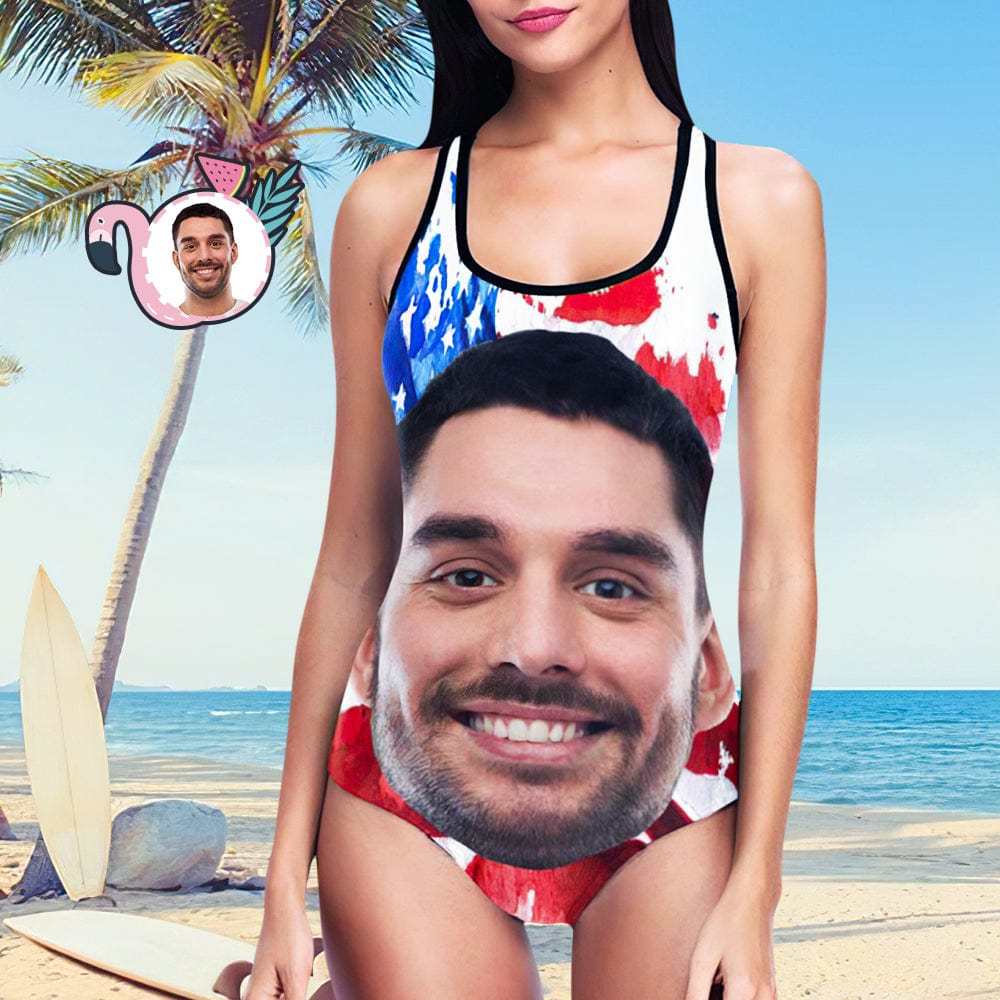 Custom Swimwear Boyfriend Face One Piece Bathing Suit Husband Face American Flag Swimsuit - Giftlab
