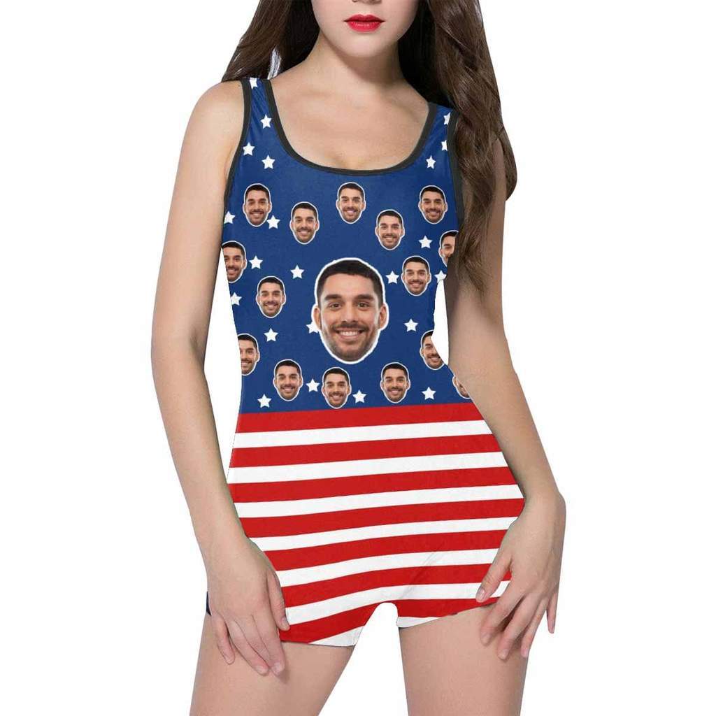 Custom Husband Face American Flag Swimsuit Women's Summer Beach Pool Outfits One Piece Swimsuit - Giftlab