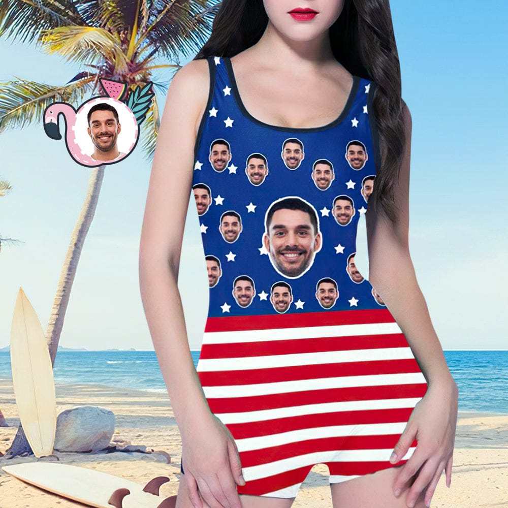 Custom Husband Face American Flag Swimsuit Women's Summer Beach Pool Outfits One Piece Swimsuit - Giftlab