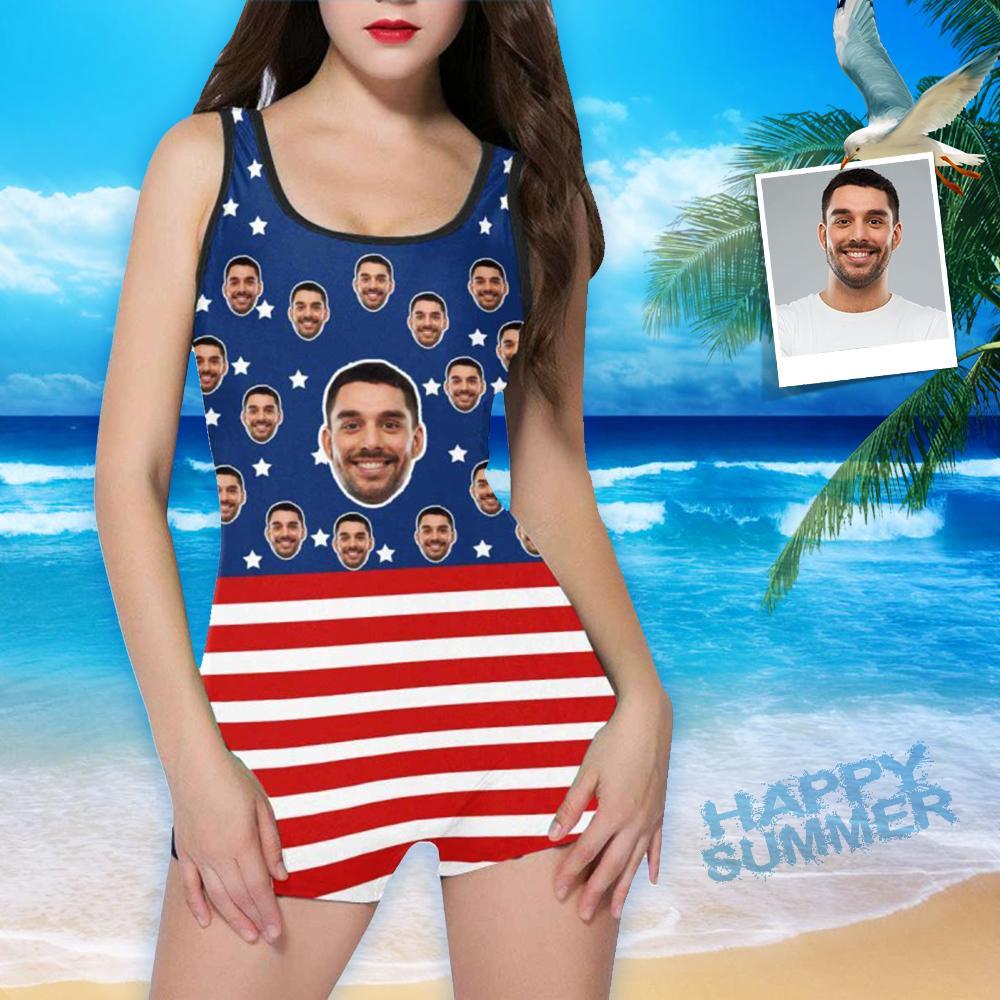 Custom Husband Face American Flag Swimsuit Women's Summer Beach Pool Outfits One Piece Swimsuit - Giftlab