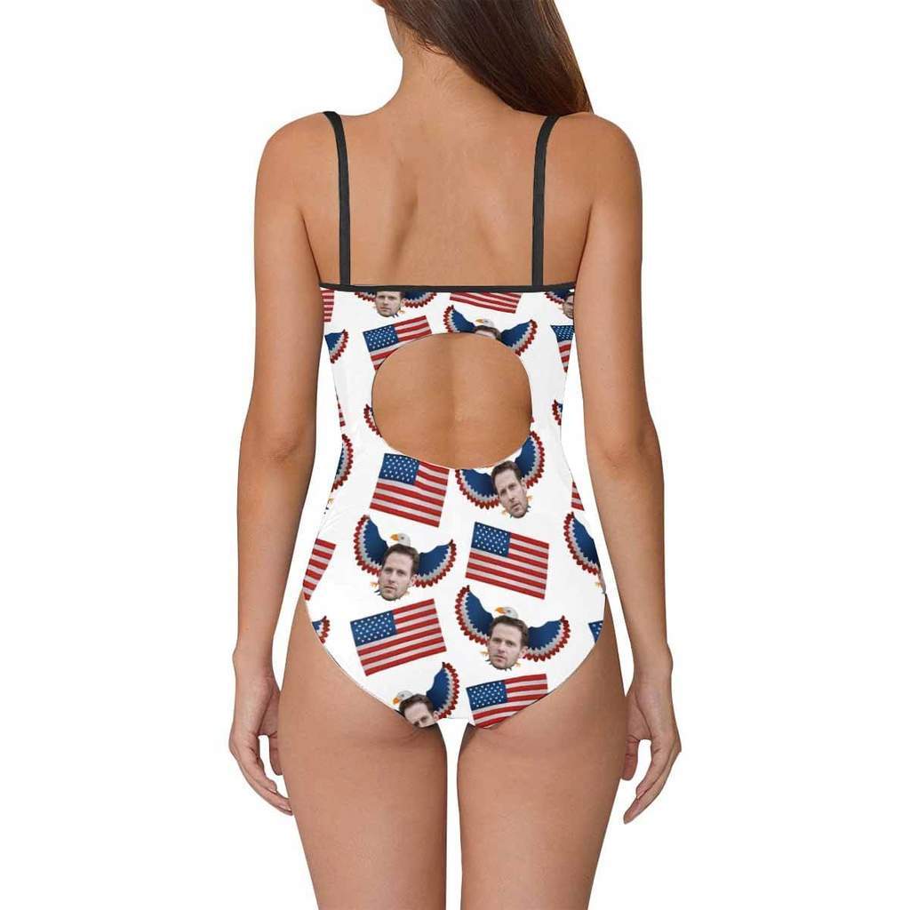 Custom Face Swimwear Women's Photo Slip One Piece Swimsuit- USA Flag With Bald Eagle - Giftlab