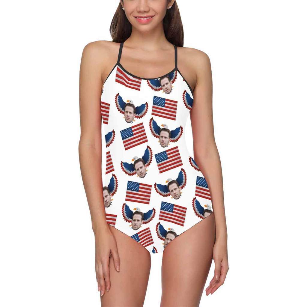 Custom Face Swimwear Women's Photo Slip One Piece Swimsuit- USA Flag With Bald Eagle - Giftlab