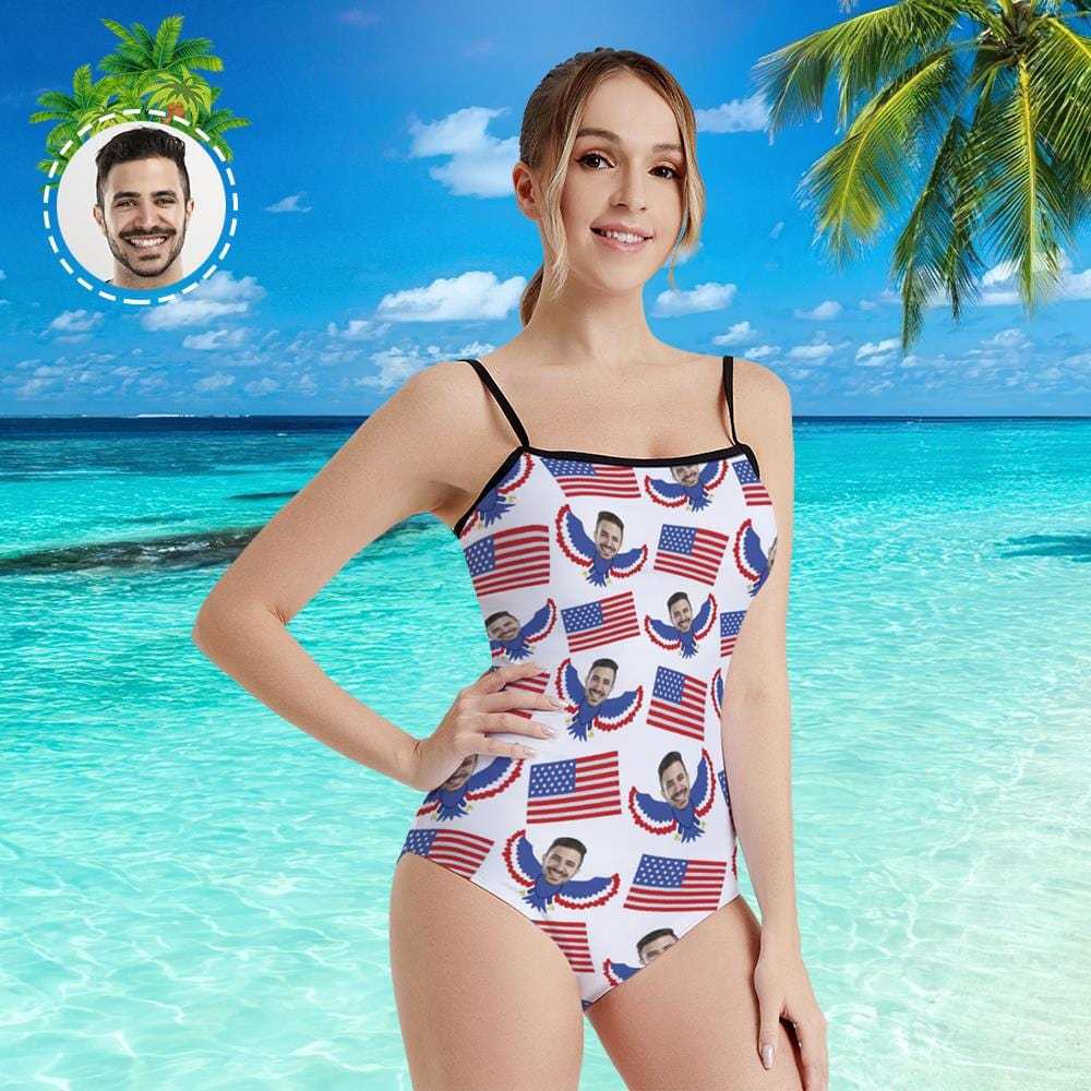 Custom Face Swimwear Women's Photo Slip One Piece Swimsuit- USA Flag With Bald Eagle - Giftlab