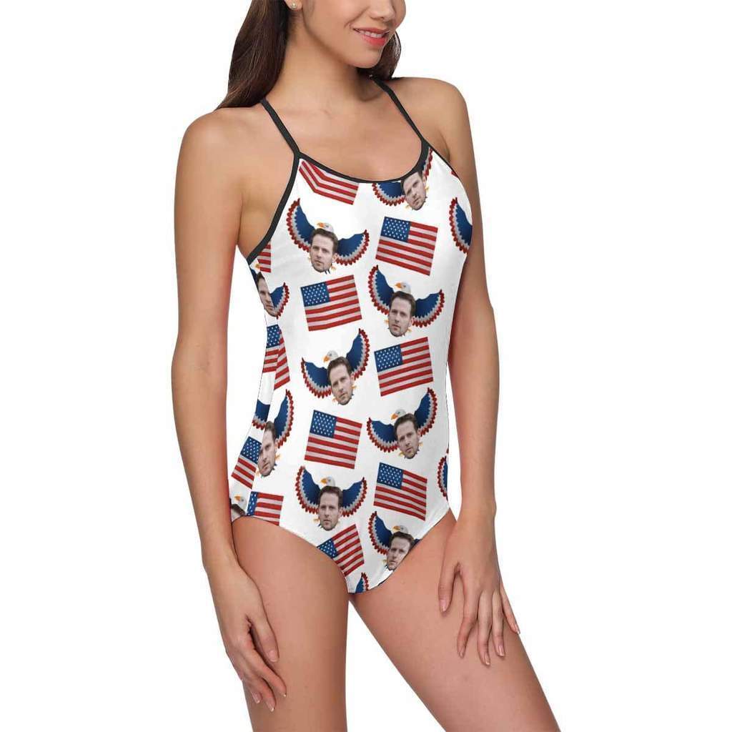 Custom Face Swimwear Women's Photo Slip One Piece Swimsuit- USA Flag With Bald Eagle - Giftlab