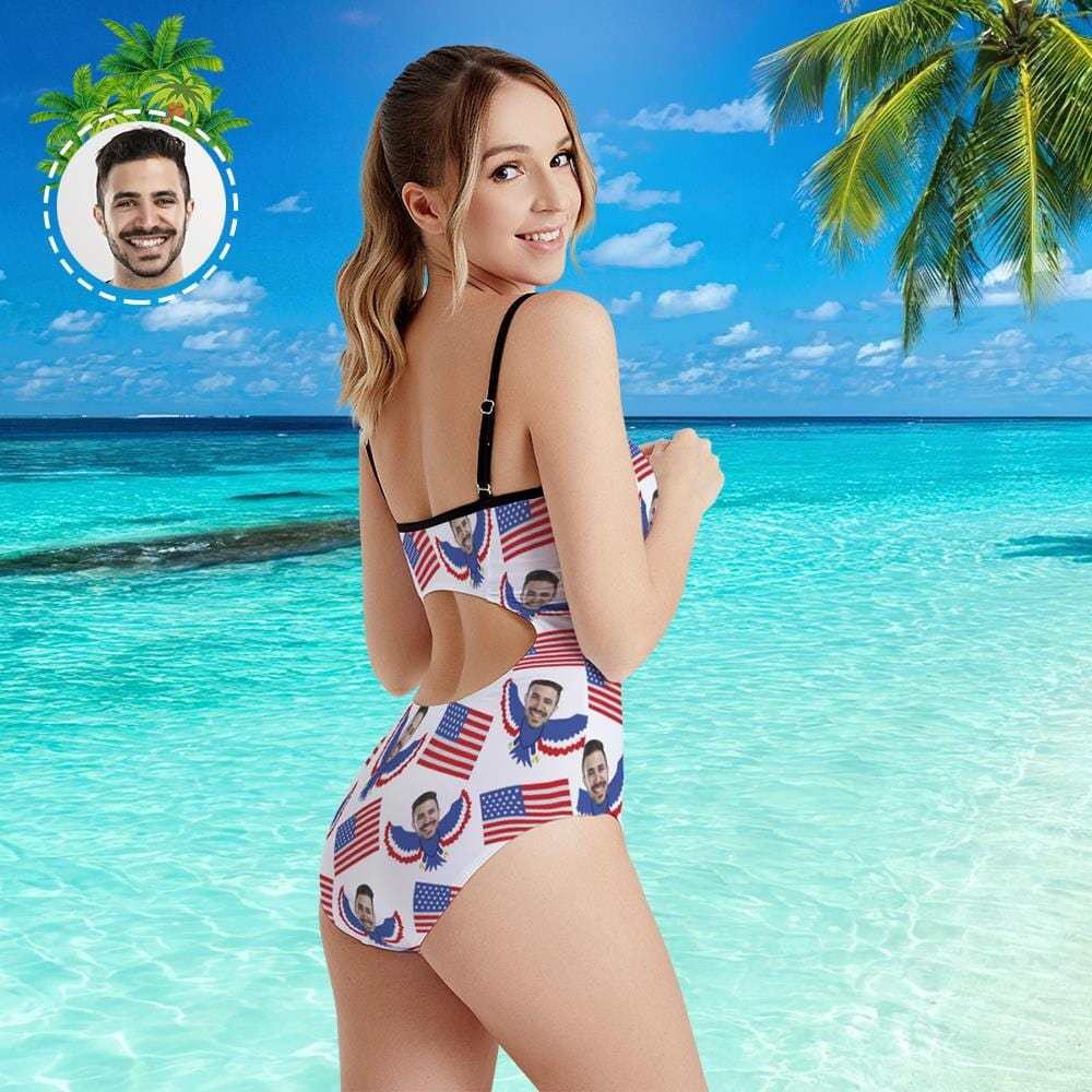 Custom Face Swimwear Women's Photo Slip One Piece Swimsuit- USA Flag With Bald Eagle - Giftlab
