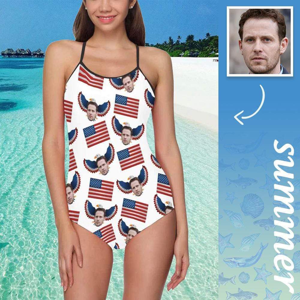 Custom Face Swimwear Women's Photo Slip One Piece Swimsuit- USA Flag With Bald Eagle - Giftlab