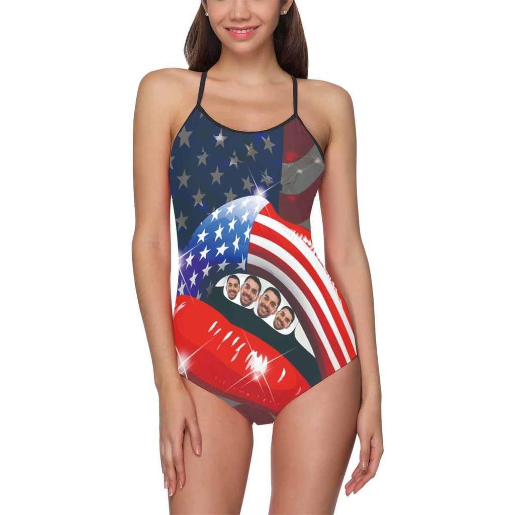 Custom Face Swimwear Women's Photo Slip One Piece Swimsuit- USA Flag With Lips - Giftlab