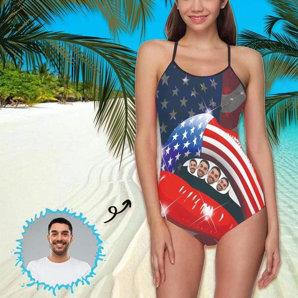 Custom Face Swimwear Women's Photo Slip One Piece Swimsuit- USA Flag With Lips