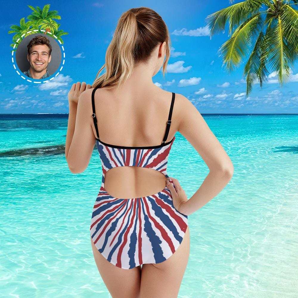 Custom Face Swimwear Women's Photo Slip One Piece Swimsuit- Tie Dye USA Flag - Giftlab
