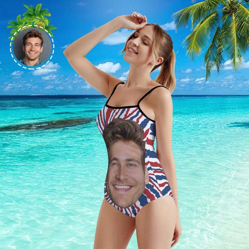 Custom Face Swimwear Women's Photo Slip One Piece Swimsuit- Tie Dye USA Flag - Giftlab
