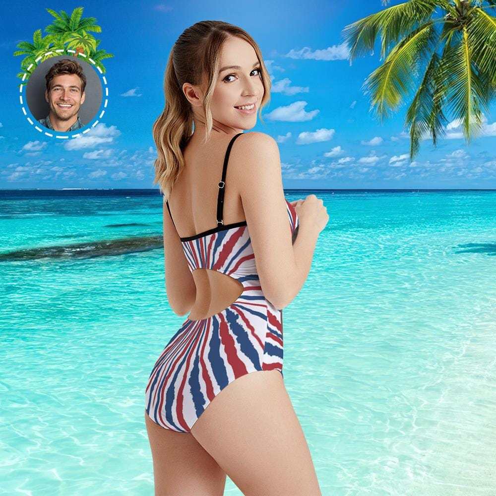 Custom Face Swimwear Women's Photo Slip One Piece Swimsuit- Tie Dye USA Flag - Giftlab