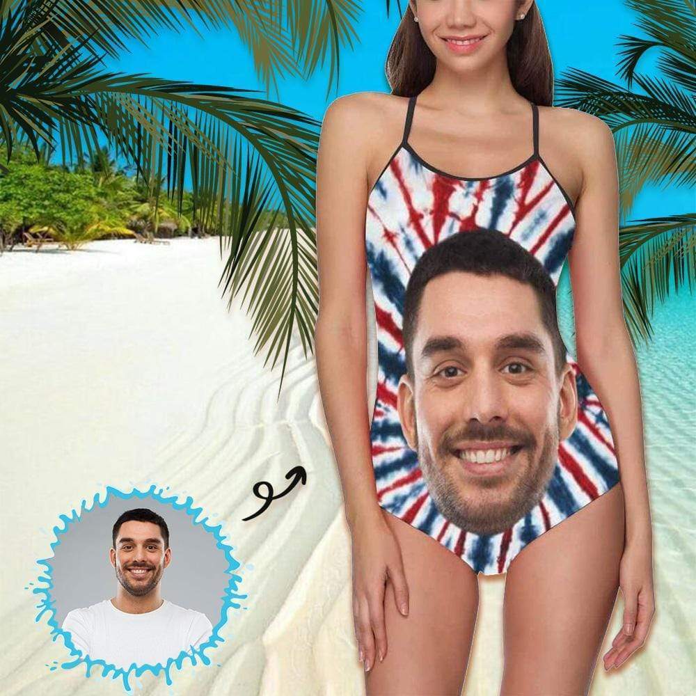 Custom Face Swimwear Women's Photo Slip One Piece Swimsuit- Tie Dye USA Flag - Giftlab