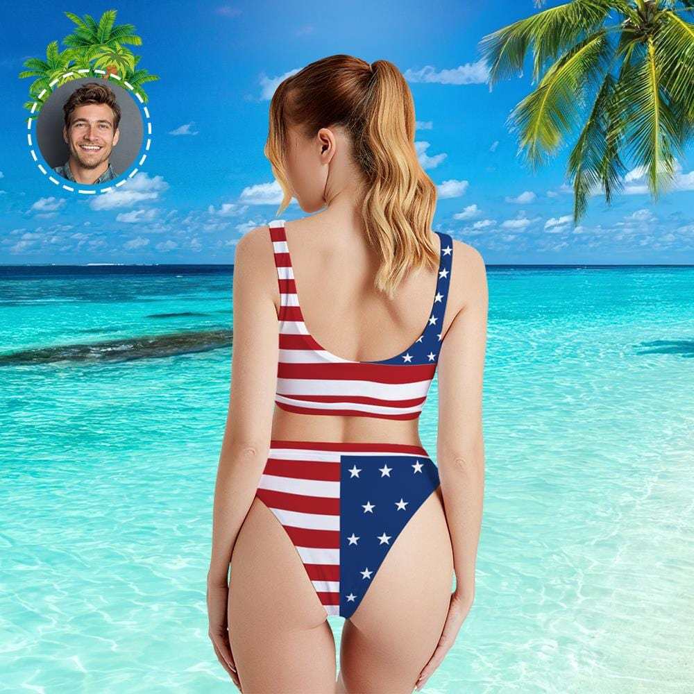 Custom Face Sport Bikini Women's Photo High Waisted Swimsuit - USA Flag - Giftlab