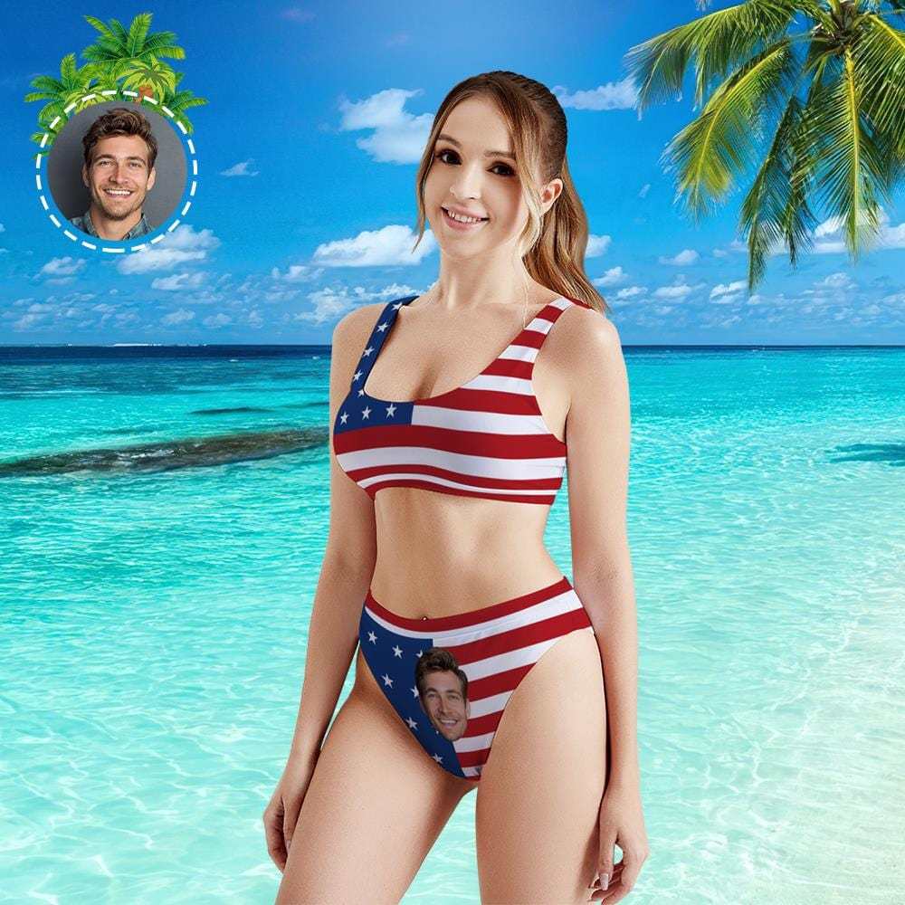 Custom Face Sport Bikini Women's Photo High Waisted Swimsuit - USA Flag - Giftlab