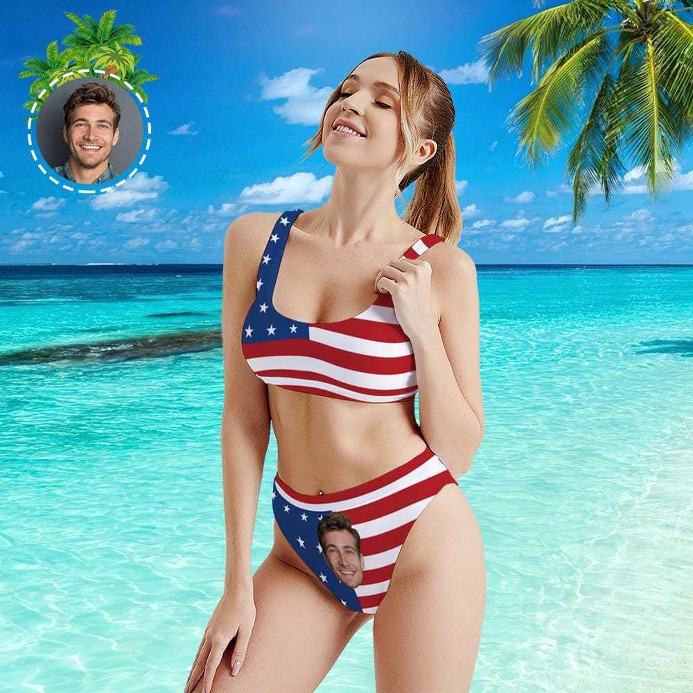 Custom Face Sport Bikini Women's Photo High Waisted Swimsuit - USA Flag - Giftlab
