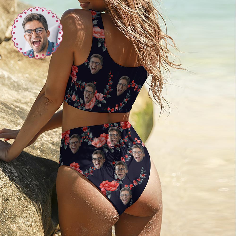 Custom Face Bikini Cute Bathing Suit Aniversary Gift for Girlfriend or Wife - Red Flower - Giftlab