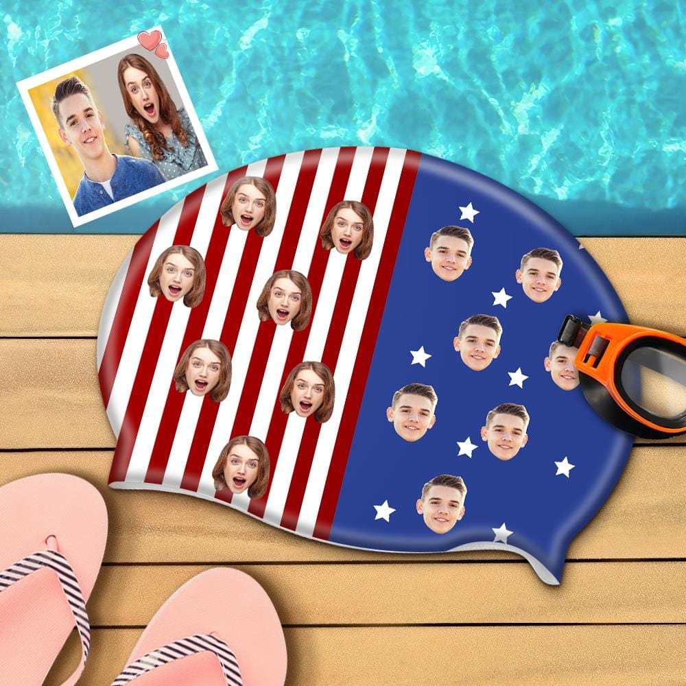 Personalized Swim Caps with Face Silicone Printed Cap Gifts For Couple - American Flag