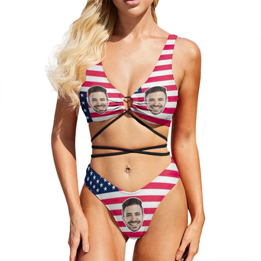 Custom Face Bikini Swimming Costume Women's Chest Strap Bathing Suit Personalized Photo Bikini Gift - American Flag - Giftlab