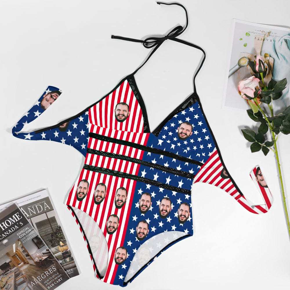 Custom Bathing Suits With Face Plus Size Gifts for Women American Flag - Giftlab