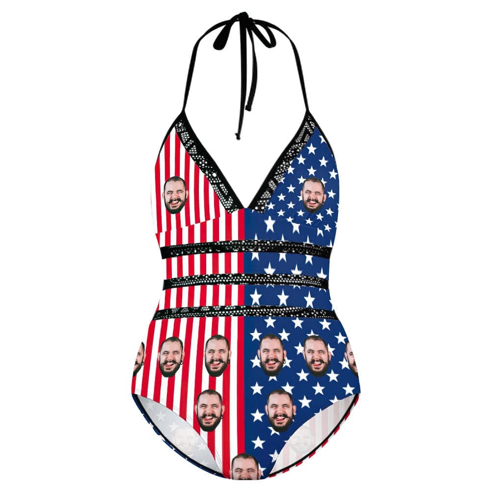 Custom Bathing Suits With Face Plus Size Gifts for Women American Flag - Giftlab