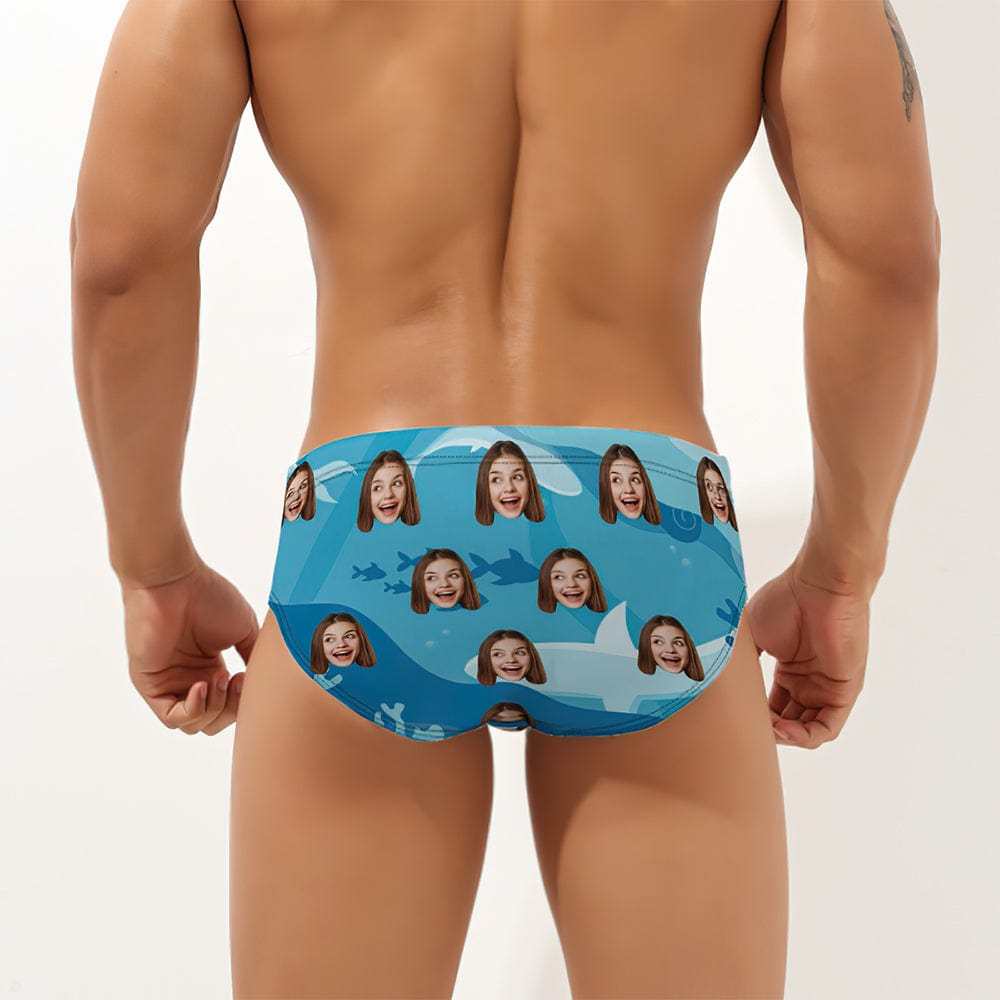 Custom Face Hawaiian Style Men's Swimming Trunks Blue Sharks Triangle Swim Briefs - Giftlab
