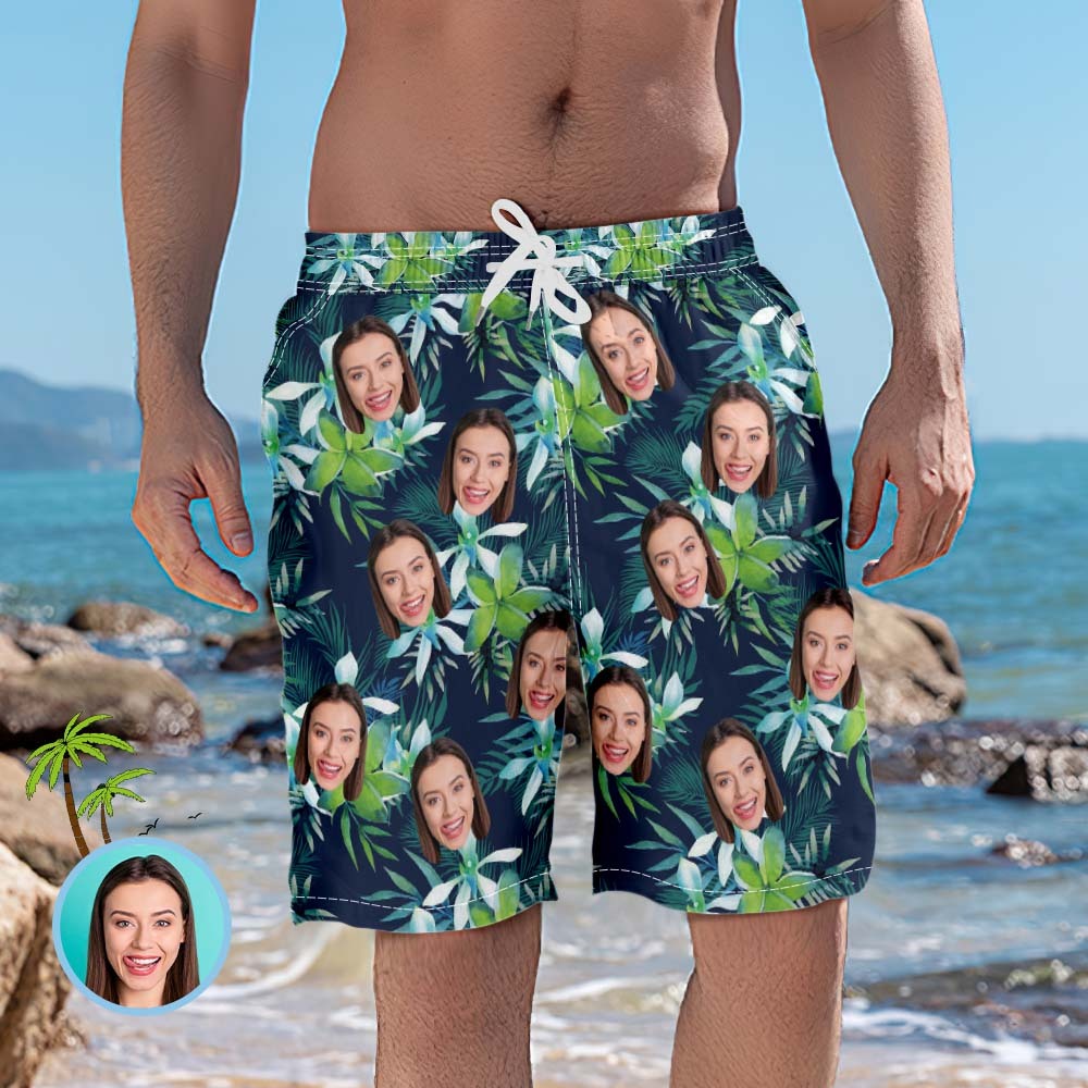 Custom Logo Hawaiian Shirt And Beach Shorts Set Personalized Men's Face Tropical Leaves Set Vacation Party Gift for Company - Giftlab