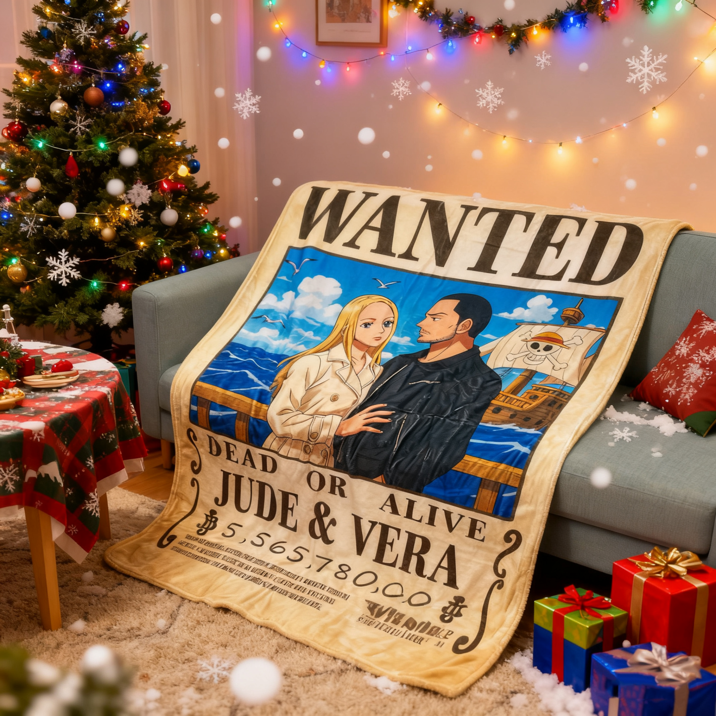 Custom Anime Bounty Couple Portrait Blanket Personalized Anime Style Wanted Blanket Portrait Unique Captains' Couple Portrait