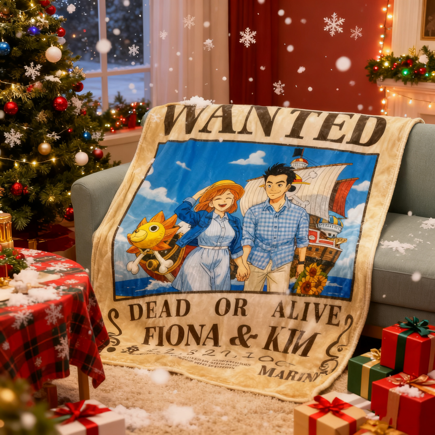 Custom Anime Bounty Couple Portrait Blanket Personalized Anime Style Wanted Blanket Portrait Unique Captains' Couple Portrait