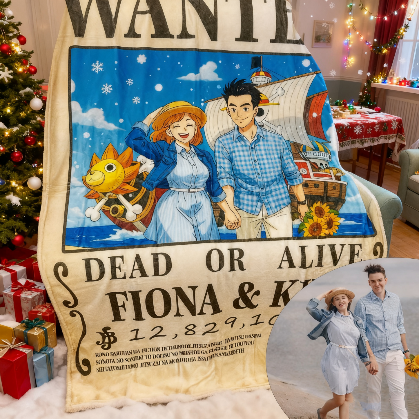 Custom Anime Bounty Couple Portrait Blanket Personalized Anime Style Wanted Blanket Portrait Unique Captains' Couple Portrait