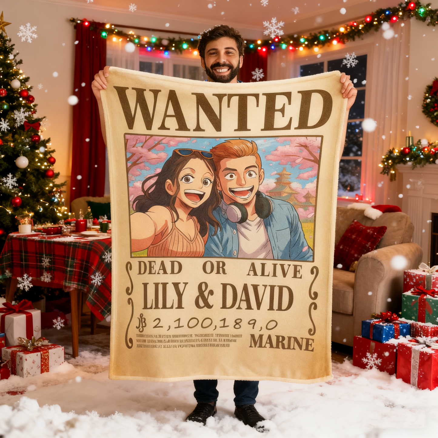 Custom Anime Bounty Couple Portrait Blanket Personalized Anime Style Wanted Blanket Portrait Unique Captains' Couple Portrait