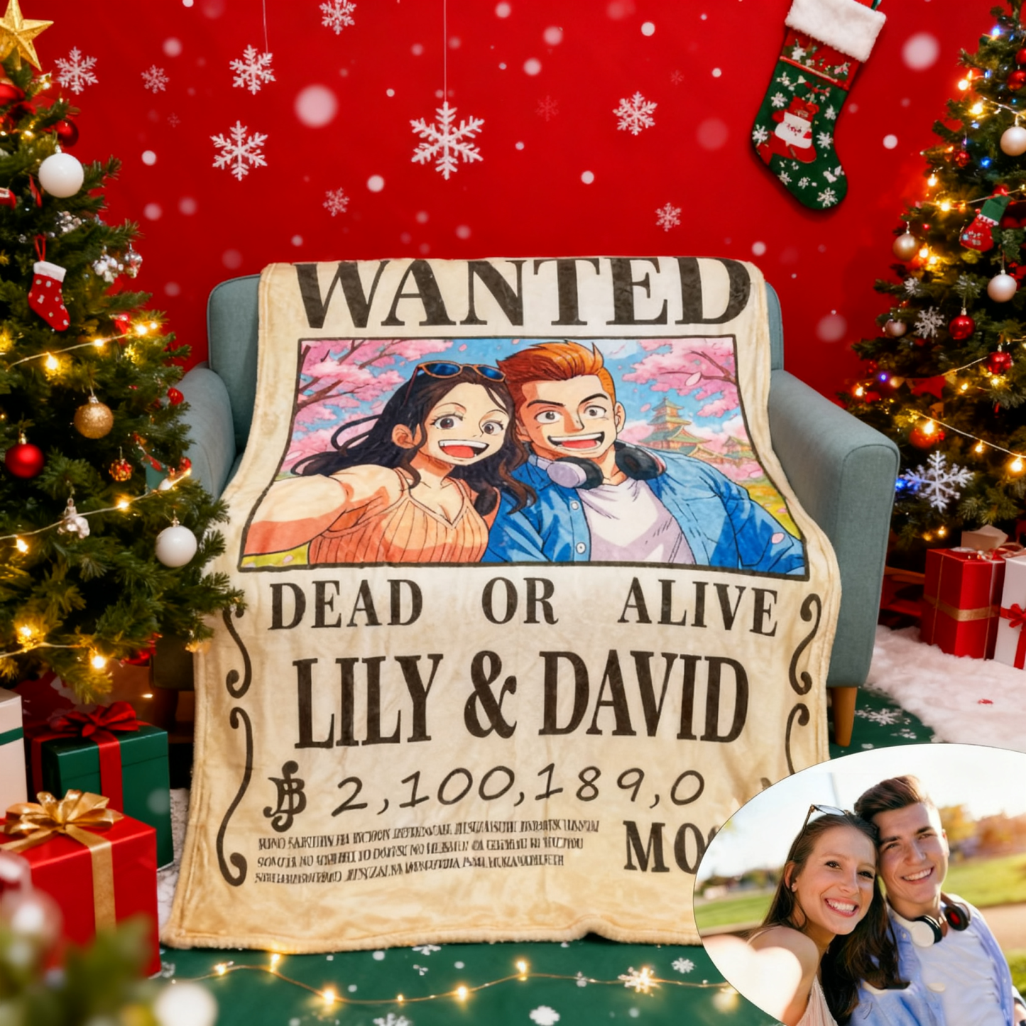 Custom Anime Bounty Couple Portrait Blanket Personalized Anime Style Wanted Blanket Portrait Unique Captains' Couple Portrait