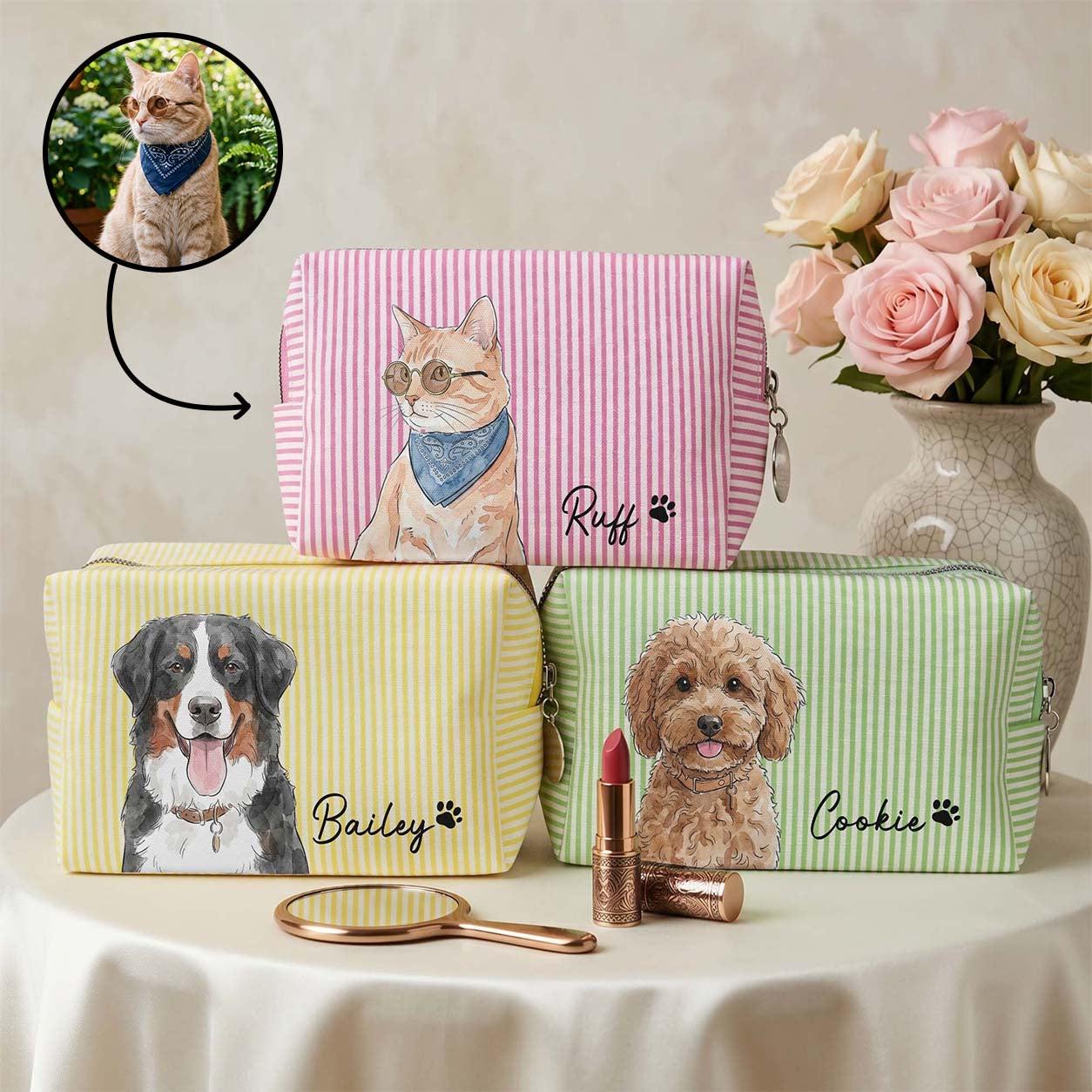 Custom Striped Pattern Watercolor Pet Portrait - Personalized Makeup Bag