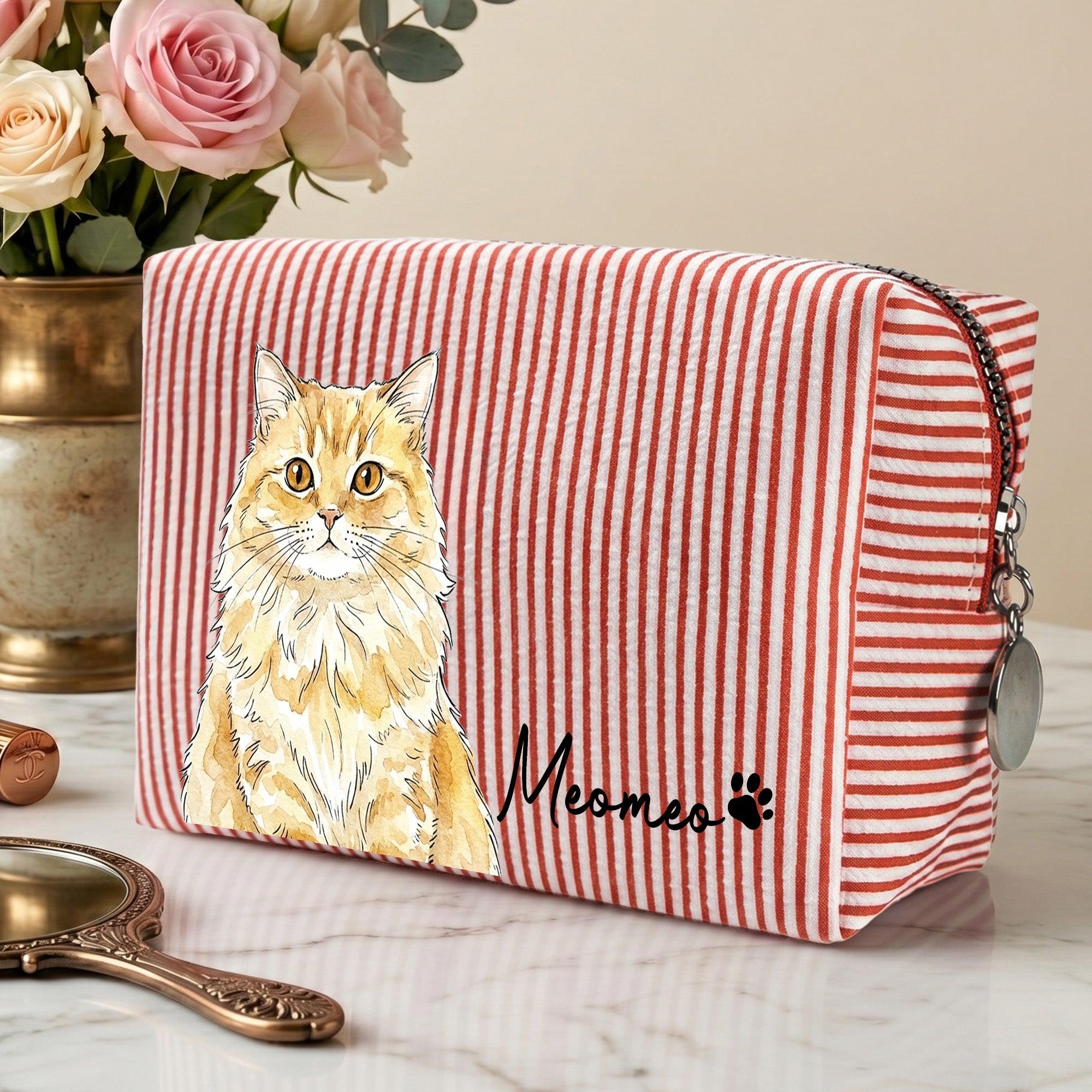 Custom Striped Pattern Watercolor Pet Portrait - Personalized Makeup Bag