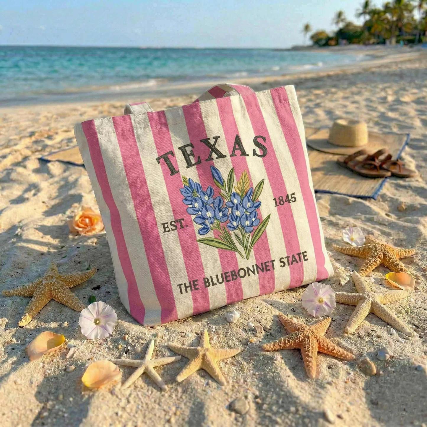 Custom State Tote Bag – Personalized State Flower Canvas Bag, Vintage Striped Beach Tote