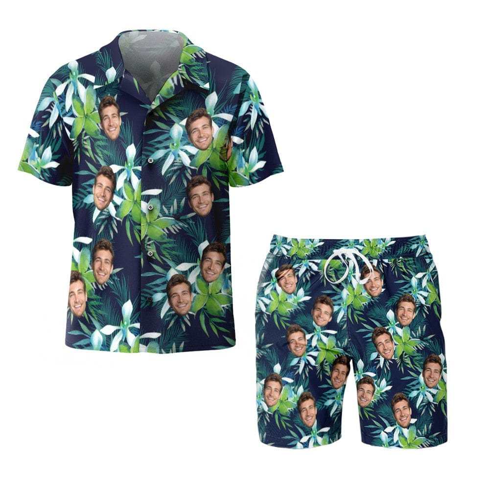 Custom Logo Hawaiian Shirt And Beach Shorts Set Personalized Men's Face Tropical Leaves Set Vacation Party Gift for Company - Giftlab