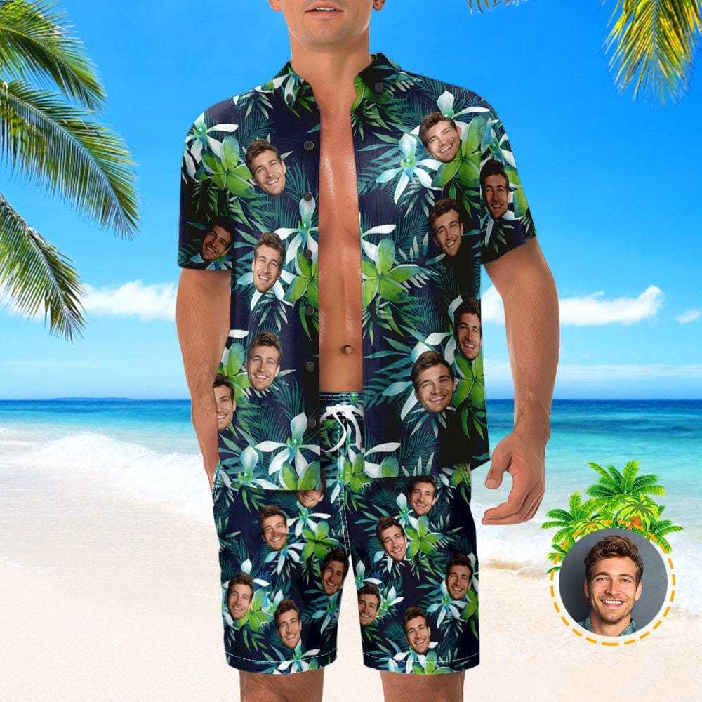 Custom Logo Hawaiian Shirt And Beach Shorts Set Personalized Men's Face Tropical Leaves Set Vacation Party Gift for Company - Giftlab