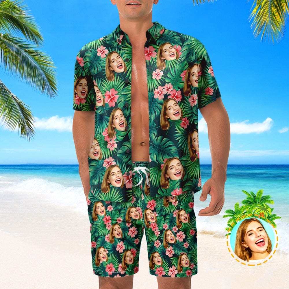 Custom Logo Leaves & Flowers Hawaiian Shirt with Face And Beach Shorts Set Personalized Men's Photo All Over Print Set Vacation Party Gift for Company - Giftlab
