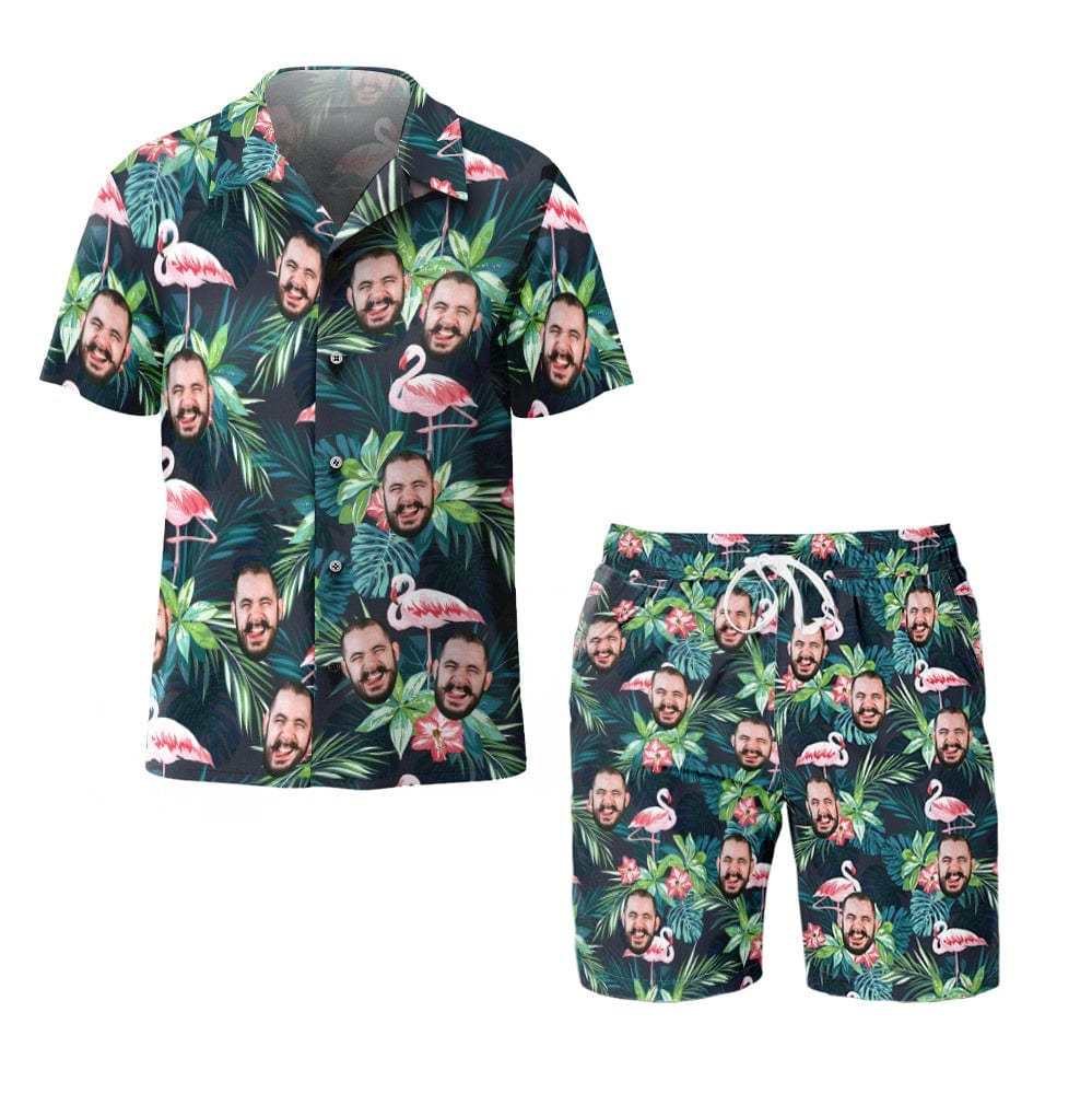 Custom Face Hawaiian Shirt And Beach Shorts Set Personalized Men's Photo Flamingo Flower Set Vacation Party Gift - Giftlab