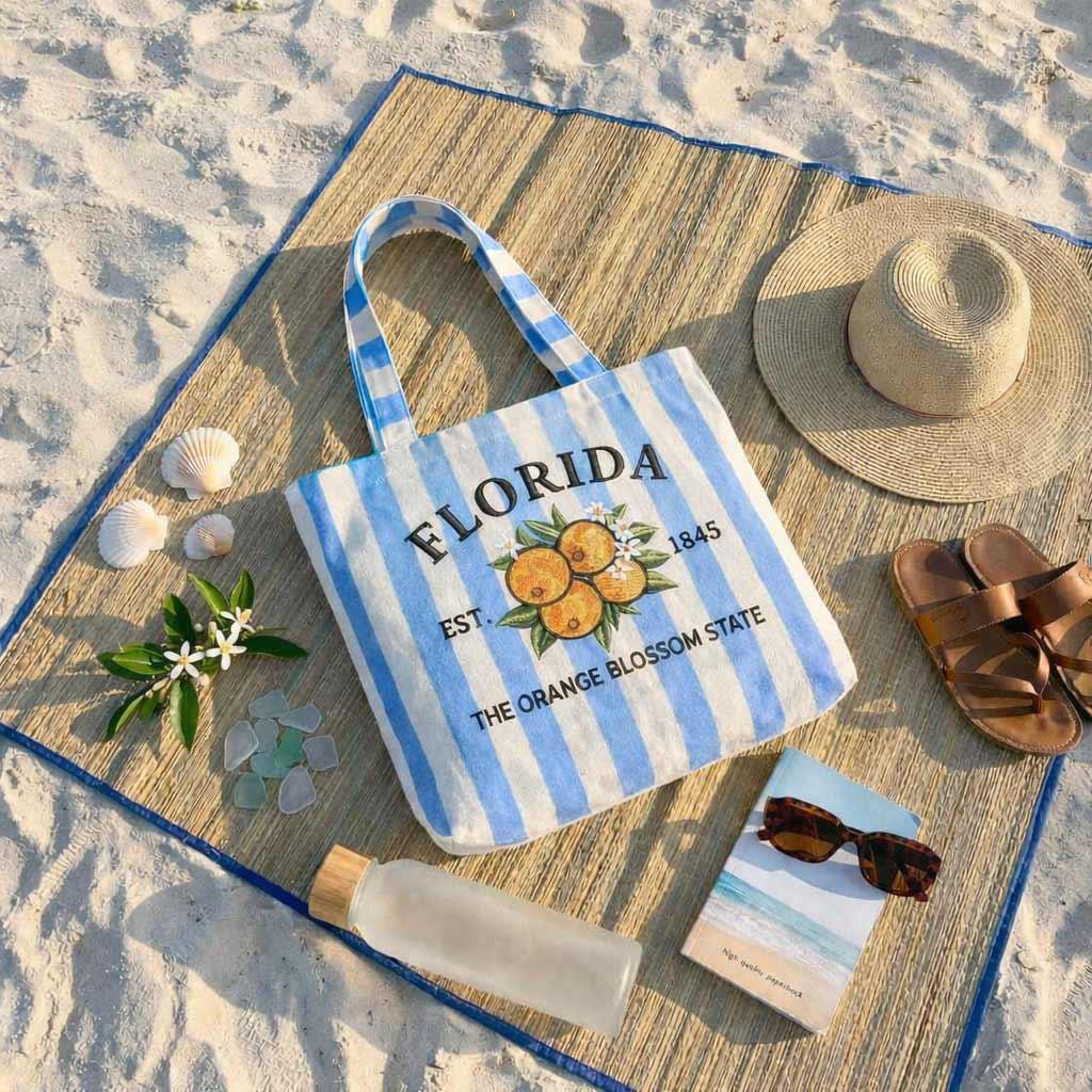 Custom State Tote Bag – Personalized State Flower Canvas Bag, Vintage Striped Beach Tote