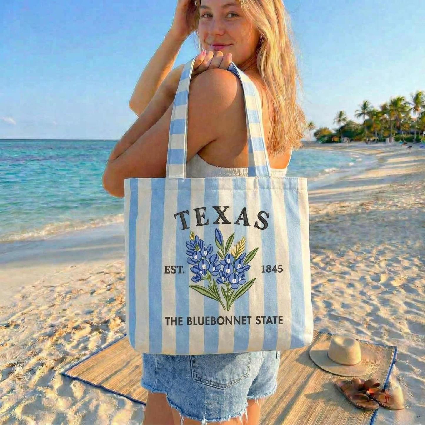 Custom State Tote Bag – Personalized State Flower Canvas Bag, Vintage Striped Beach Tote